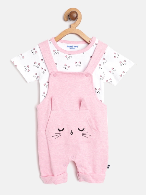 

Moms Love Infant Girls White & Pink Pure Cotton Printed T-shirt with Dungarees