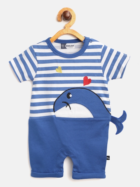 

Moms Love Infant Boys Blue & White Pure Cotton Striped Rompers with Applique Detail