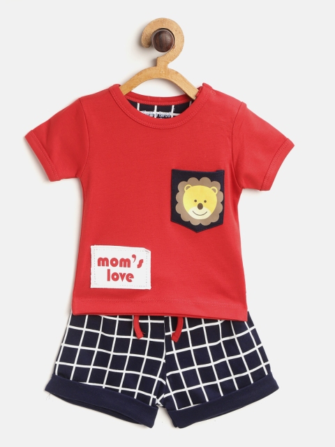 

Moms Love Infant Boys Red & Navy Blue Printed Pure Cotton T-shirt with Shorts