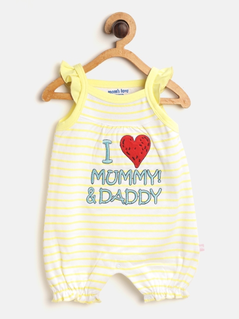 

Moms Love Infant Girls Yellow & White Striped Pure Cotton Rompers with Embroidered Detail