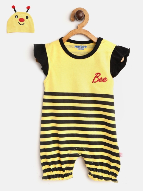 

Moms Love Infant Girls Yellow & Black Striped Pure Cotton Rompers with Honey Bee Beanie