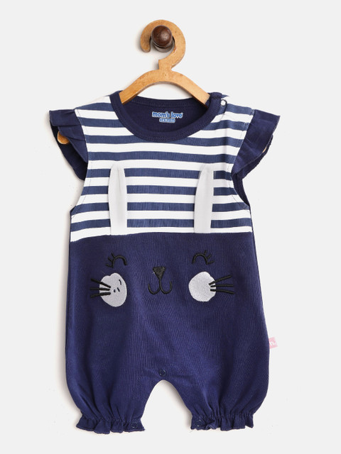 

Moms Love Infant Girls Navy Blue Striped Pure Cotton Rompers with Rabbit Face Detail