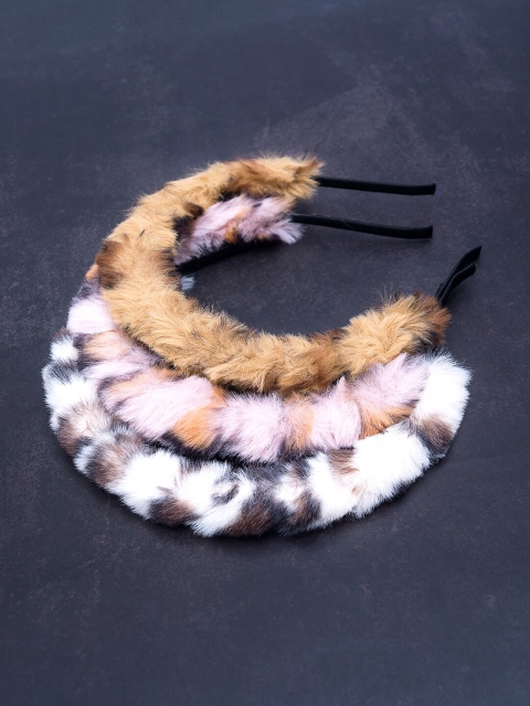 

Golden Peacock Women Set of 3 Animal Print Fluffy Faux Fur Hair Bands, Pink