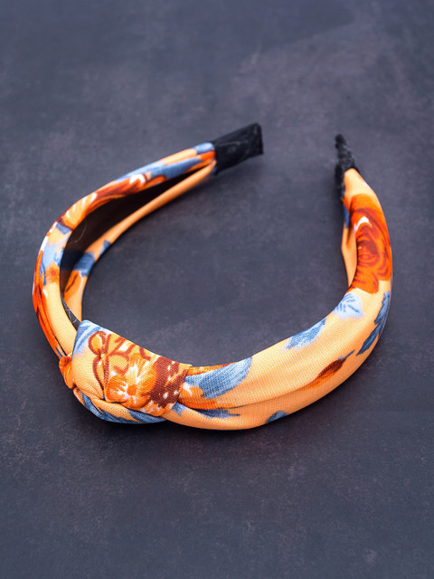 

Golden Peacock Orange & Blue Floral Printed Knot Design Hairband