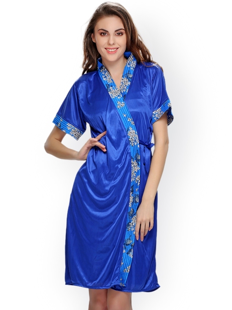 

Clovia Blue Floral Print Satin Nightdress with Robe NS0312P08S