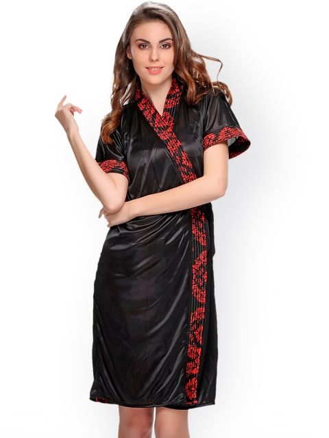 

Clovia Red & Black Floral Print Satin Nightdress with Robe NS0312P13S