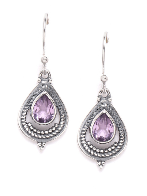 

Silgo Mauve Sterling Silver Oxidised Amethyst-Studded Drop Earrings with Silver Plating