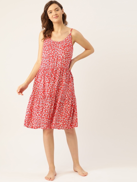 

Ms.Lingies Red & White Floral Print Knee Length Tiered Nightdress