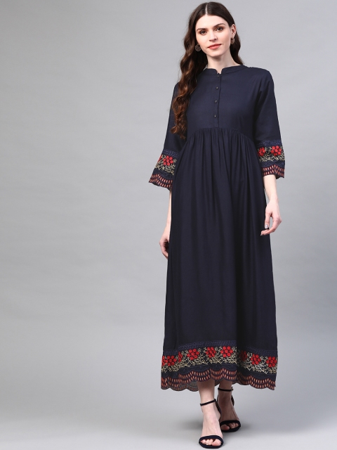 

Laado - Pamper Yourself Women Navy Blue Embroidered Detail Maxi Dress