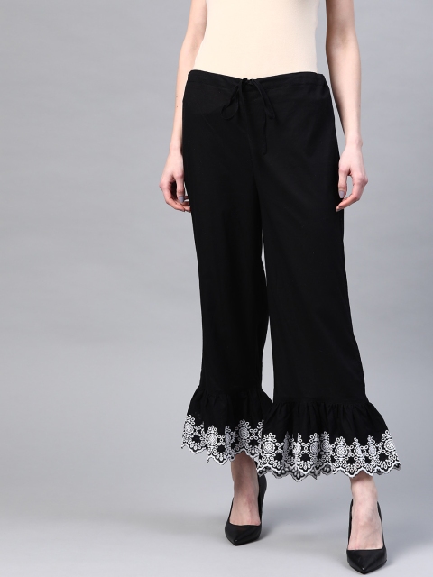 

Laado - Pamper Yourself Women Black Embroidered Hem Design Cotton Wide Leg Sustainable Palazzos