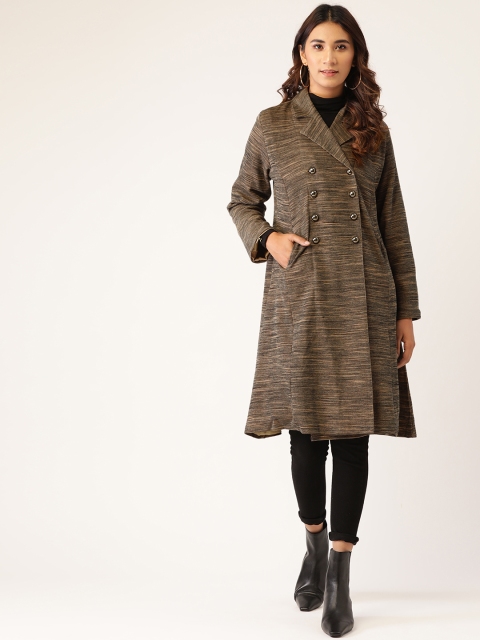 

Laabha Women Beige & Black Self-Design Pea Coat