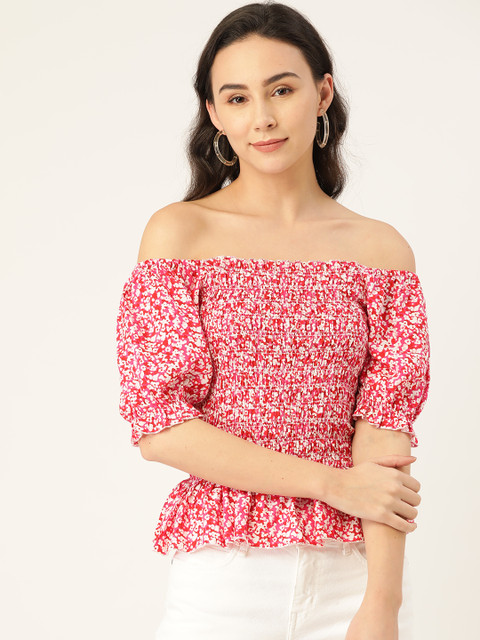 

Antheaa Women Fuchsia & White Print Smocked Off-Shoulder Bardot Top