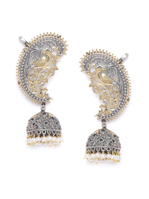 

FIROZA Gold-Toned & Silver-Toned Oxidised Peacock Textured Dome Shaped Beaded Ear Cuffs