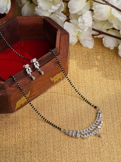 

FIROZA Black Rhodium-Plated AD-Studded Beaded Mangalsutra & Earrings Set, Silver