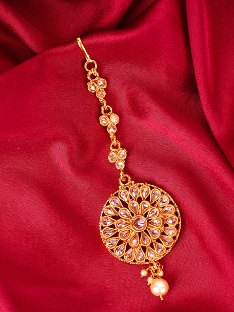 

FIROZA Antique Gold-Toned & Off-White Stone-Studded & Beaded Maang Tika