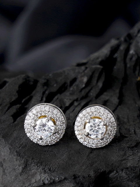 

FIROZA Silver-Toned Rhodium-Plated Stone Studded Circular Studs