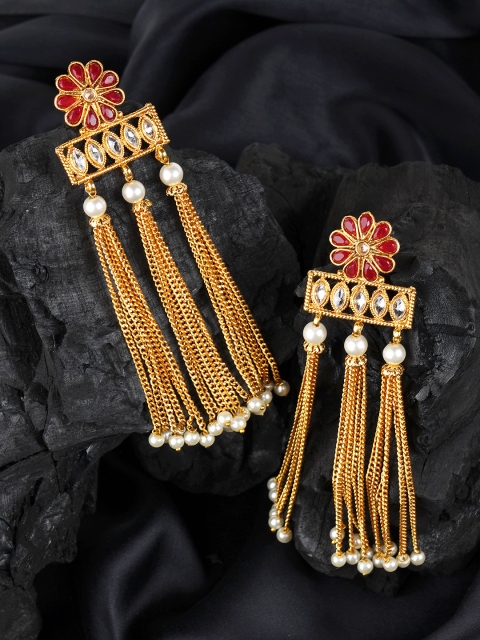 

FIROZA Gold-Toned & Red Stone Studded & Beaded Contemporary Tasselled Drop Earrings