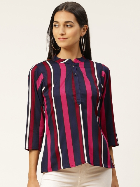 

Iniesta Navy Blue & Maroon Striped Mandarin Collar Shirt Style Top