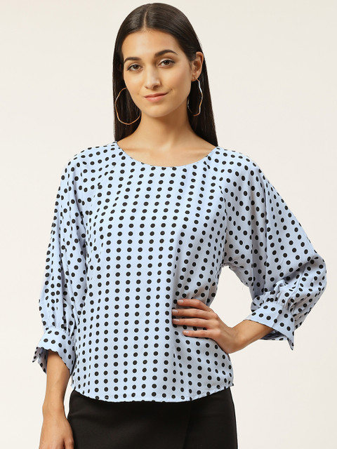 

Iniesta Blue & Black Polka Dot Printed Puff Sleeves Regular Top