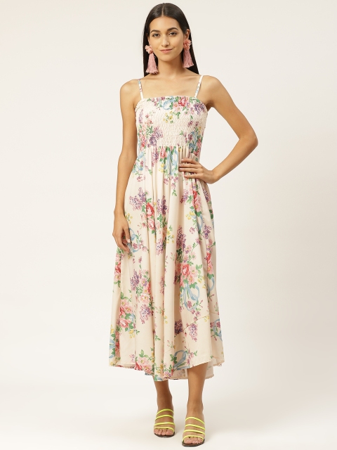 

INIESTA Women Off-White & Purple Floral Printed Maxi Dress, Beige