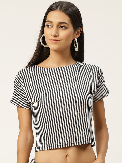 

INIESTA Women White & Black Striped Round Neck Cropped T-shirt