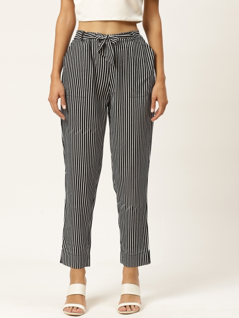 

INIESTA Women Black & White Relaxed Regular Fit Easy Wash Striped Regular Trousers