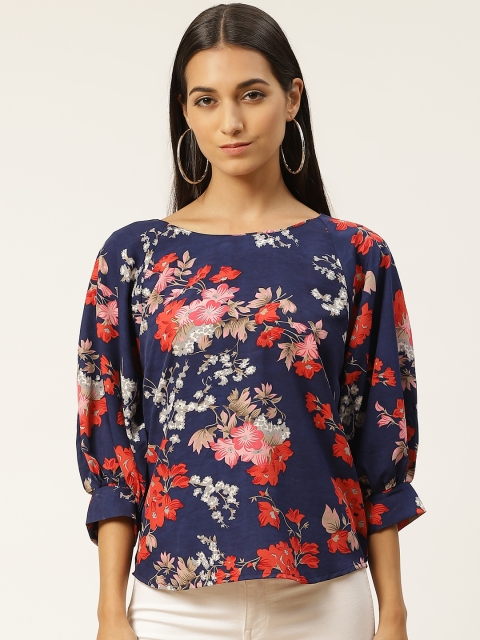 

Iniesta Navy Blue & Red Floral Printed Puff Sleeves Regular Top
