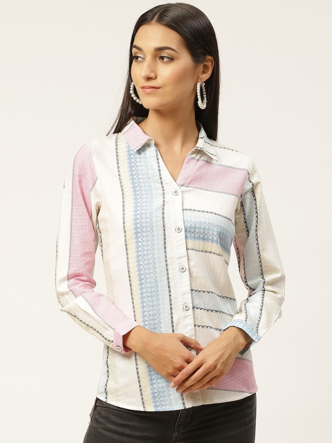 

INIESTA Women White & Blue Regular Fit Striped Casual Shirt