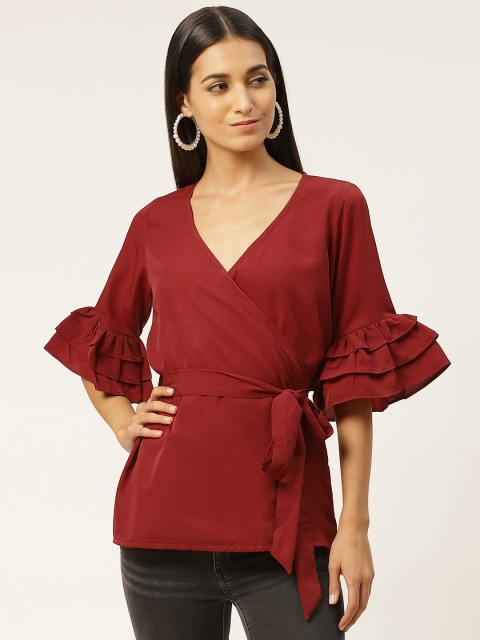 

Iniesta Maroon Bell Sleeves Wrap Top