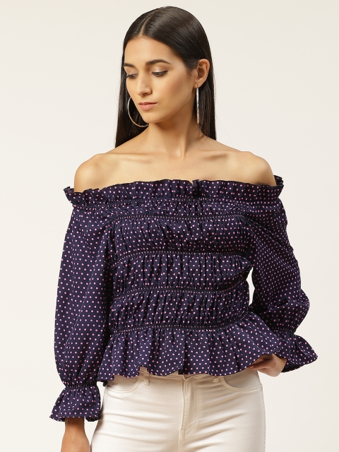 

INIESTA Women Navy Blue & Pink Polka Dot Print Bardot Top