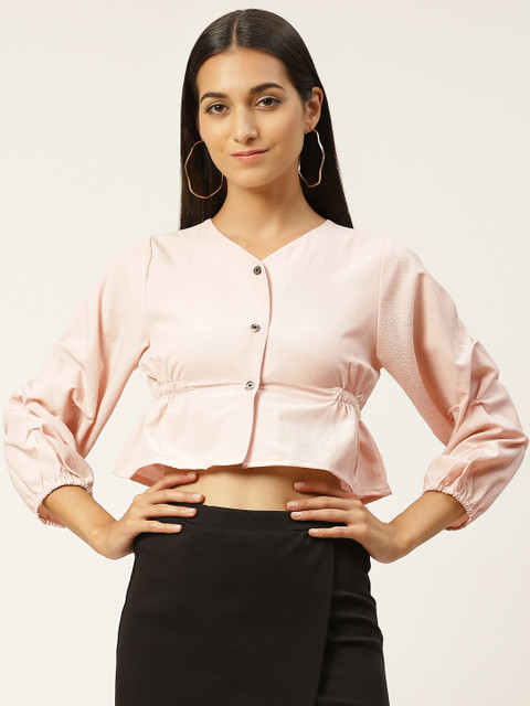 

INIESTA Women Peach-Coloured Textured Cropped Empire Top