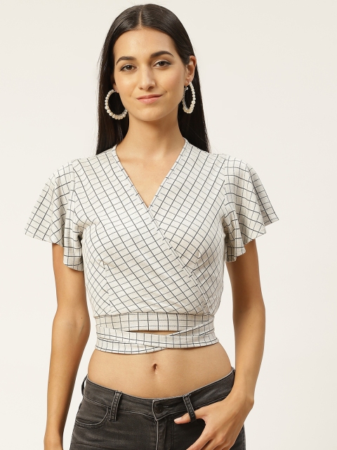

INIESTA Women Grey & Black Checked Cropped Wrap Top