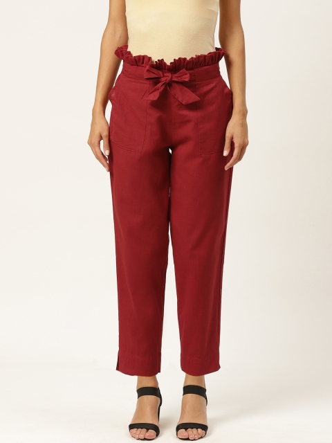 

INIESTA Women Red Regular Fit Solid Cotton Belted Regular Trousers