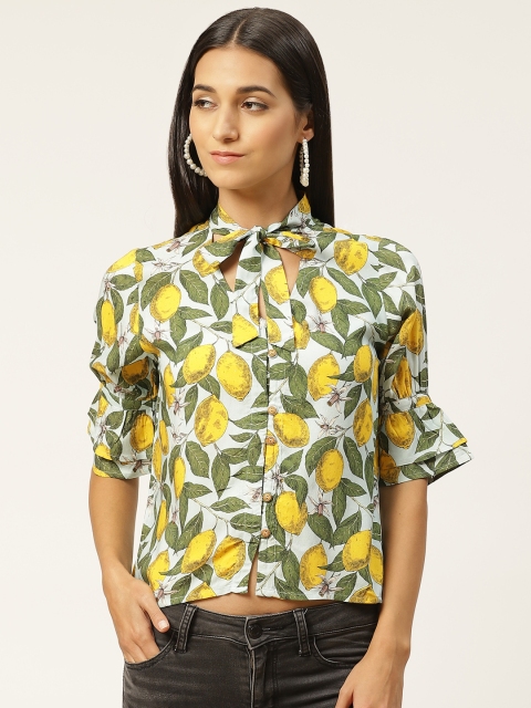 

Iniesta Blue & Yellow Lemon Printed Tie-Up Neck Pure Cotton Bell Sleeves Regular Top