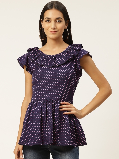 

INIESTA Women Navy Blue & Pink Polka Dots Print Peplum Top