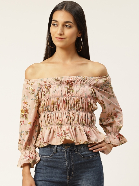 

Iniesta Peach-Coloured & Green Floral Printed Off-Shoulder Bell Sleeves Bardot Top