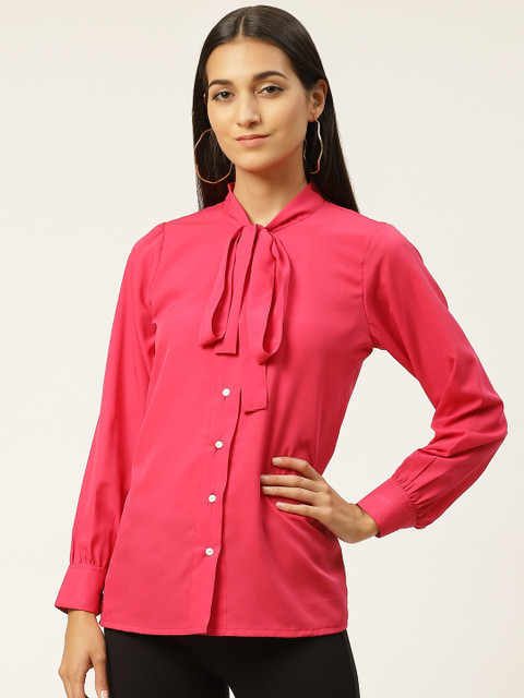 

Iniesta Pink Tie-Up Neck Puff Sleeves Shirt Style Top
