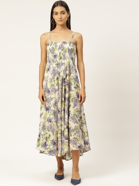 

INIESTA Women Beige & Lavender Printed Smocked Maxi Dress