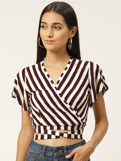 

Iniesta White & Maroon Striped Belted Cotton Wrap Top