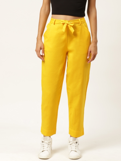 

INIESTA Women Yellow Relaxed Belted Solid Cotton Easy Wash Regular Trousers