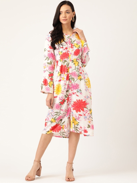 

Rue Collection Women White & Red Tropical Print A-Line Dress
