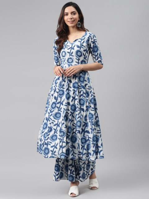 

Rangpur Women Blue & White Printed Pure Cotton Handcrafted Anarkali Kurta with Palazzos