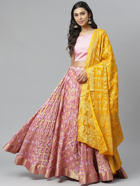 

Rangpur Pink & Golden Woven Design Ready to Wear Lehenga & Blouse with Dupatta