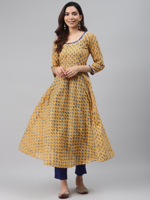 

Rangpur Women Beige & Blue Cotton Block Print A-Line Kurta with Trousers, Yellow