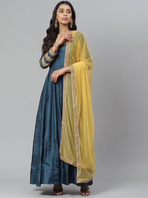 

Rangpur Women Teal Blue & Mustard Yellow Solid Maxi Dress with Dupatta