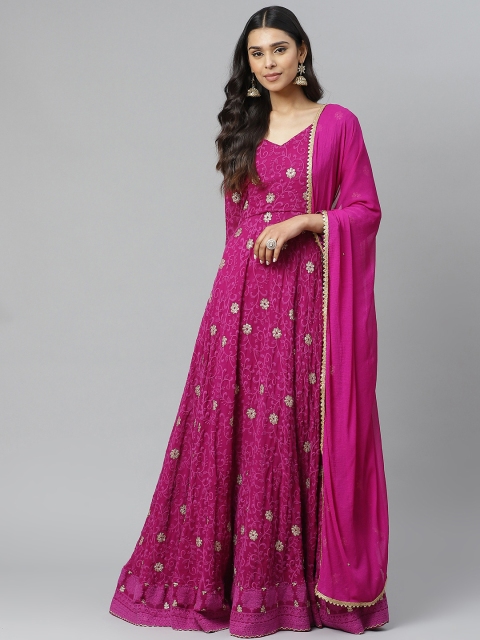 

Rangpur Women Purple & Golden Chikankari Embroidered Maxi Dress with Dupatta