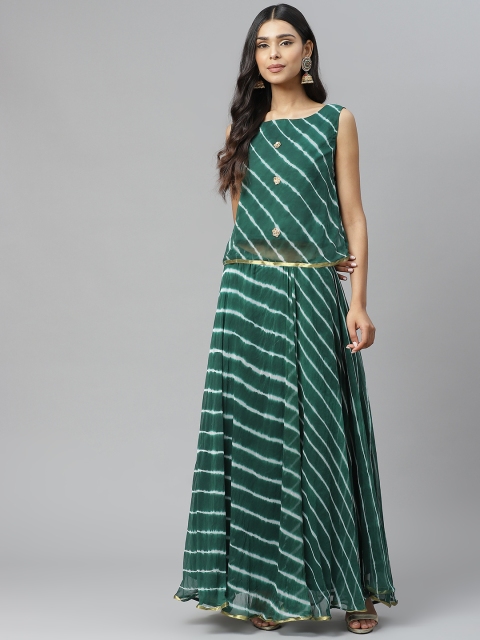 

Rangpur Women Green & White Leheriya Print Top with Skirt