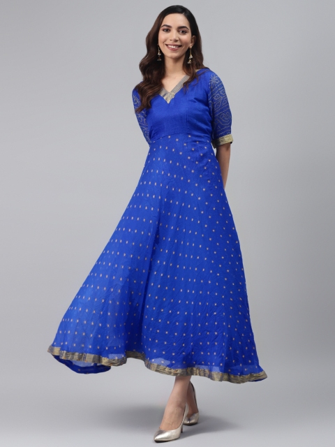 

Rangpur Women Blue & Green Bandhani Printed Anarkali Maxi Dress