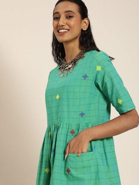 

Taavi Women Green Woven Legacy Checked A-Line Dress with Pocket