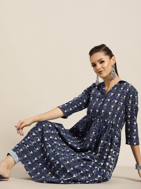 

Taavi Women Navy Blue & White Indigo Printed Shirt Dress with Pockets